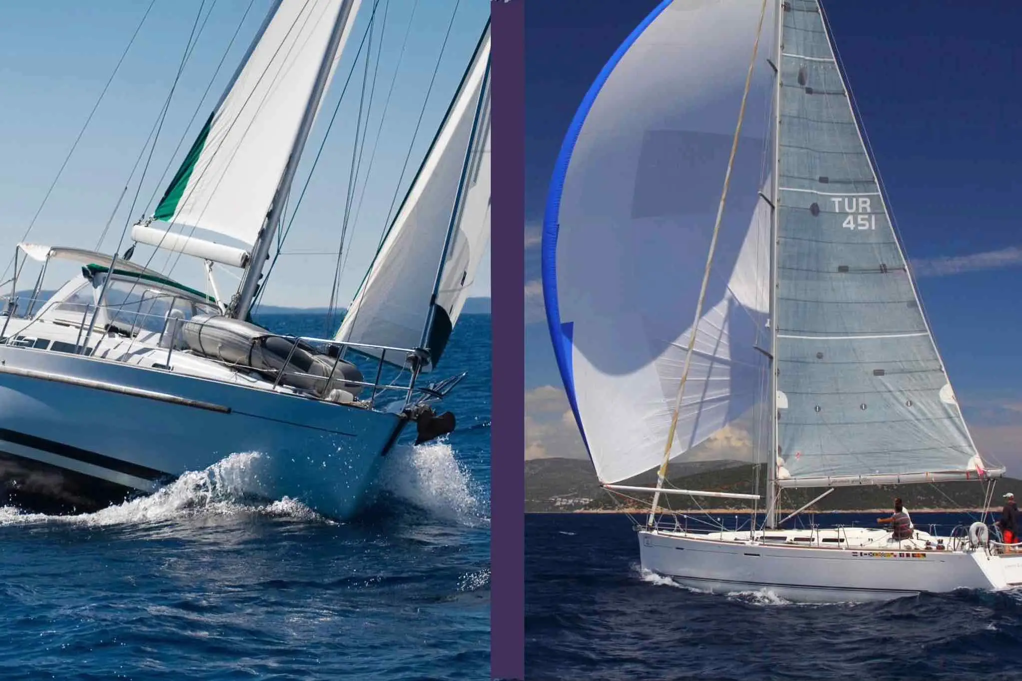 Two monohull yachts. One sailing upwind and the other sailing downwind.